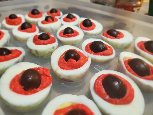 These ovum have their eyes on you! Quick, easy, weird and delicious, these deviled eggs both delight and potentially confuse just in time for the spookiest day of the year. 
